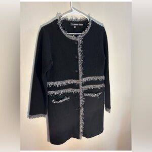 Karl Lagerfeld Wool Coat Size Medium Black & White Fringe Academia Preppy